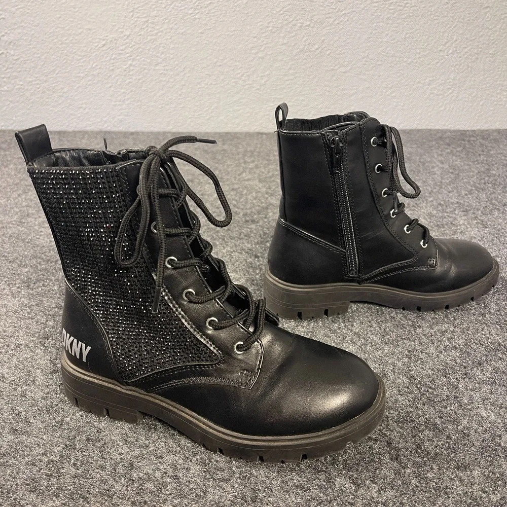 DKNY Girls Combat Boots Youth 2 Black Lace Up Zipper Rhinestone Lug Sole